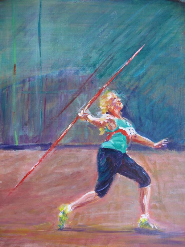 acrylic painting of a javelin thrower