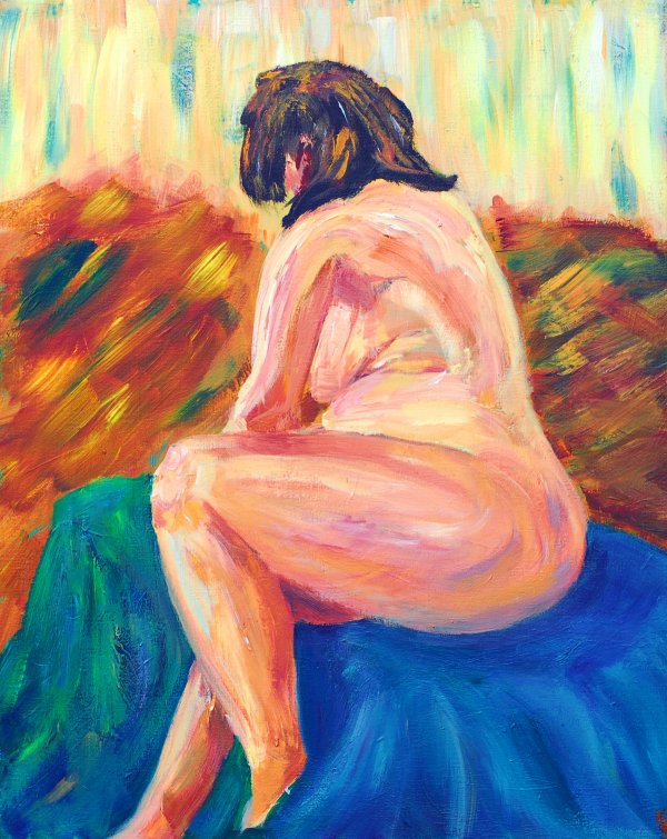 acrylic painting of female nude with left side to viewer