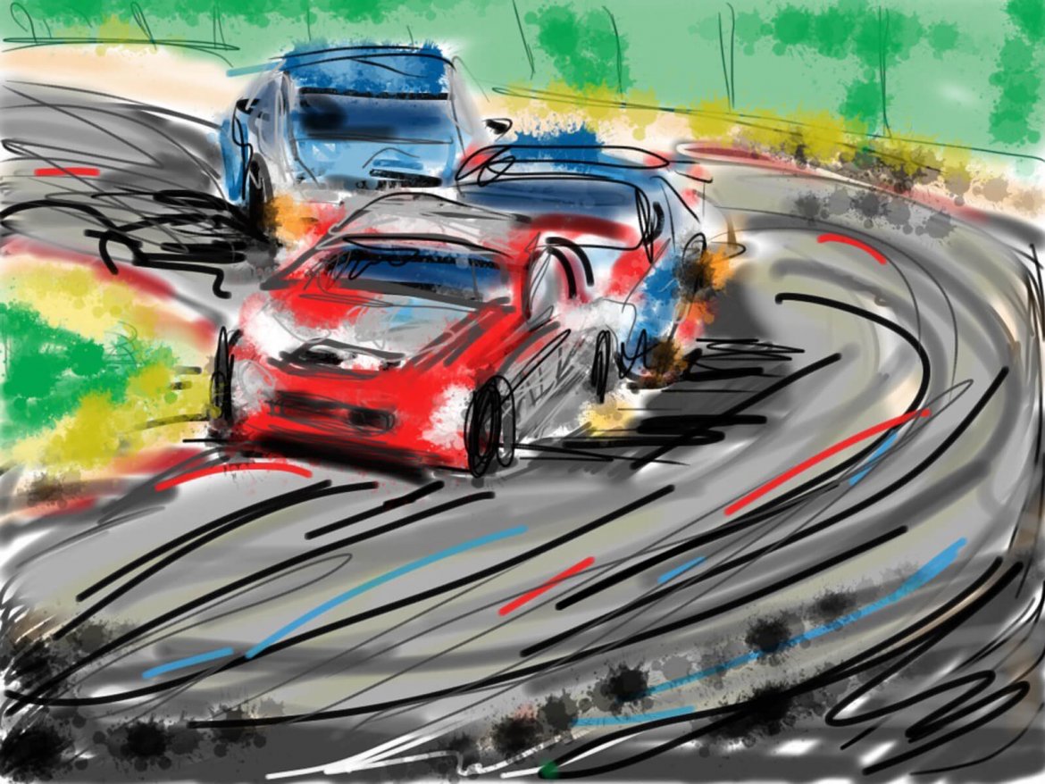 an ipad sketch of holden and other touring cars on a corner