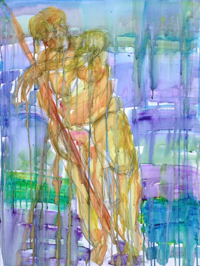 acrylic painting of a female nude leaning against easel expressionist style