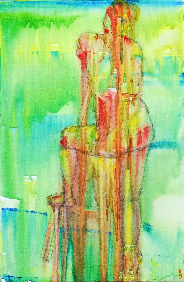 acrylic painting of rear of nude female model on an easel expressionist style