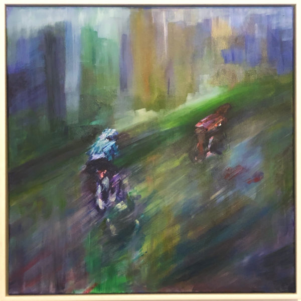 painting of cyclists in rain in a frame in flat light