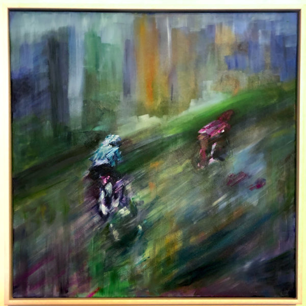 painting of cyclists in rain in bright sunlight