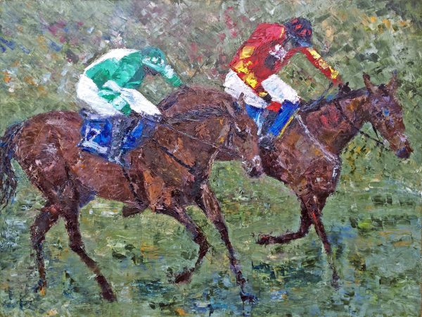 SOLD - oil painting horse and rider racing cheltenham new year