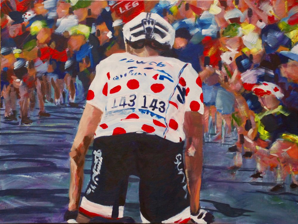 acrylic painting of tour de france rider for sunweb Barguil KOM by kathryn sassall