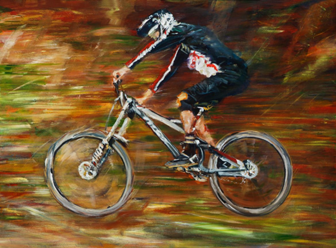 Acrylic Painting of Mountain Bike Downhill racer jumping Racer