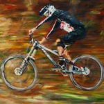 Acrylic Painting of Mountain Bike Downhill racer jumping Racer