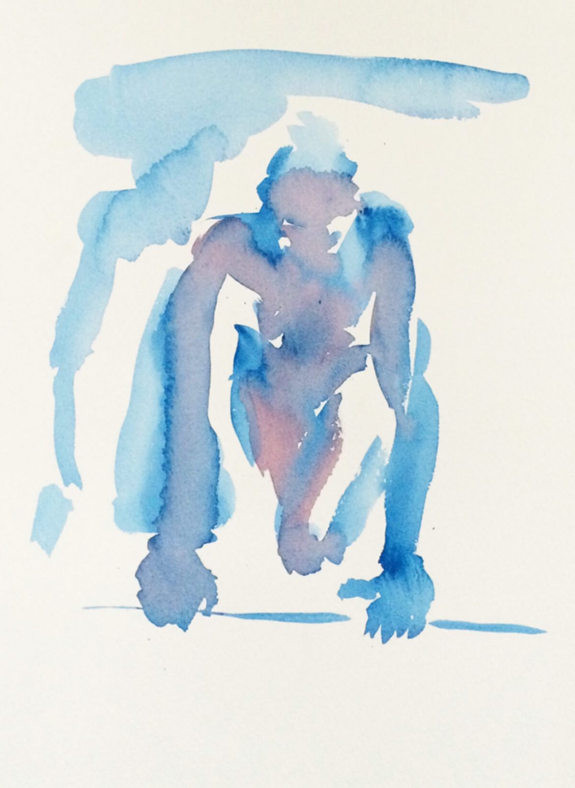 watercolour painting of a model as if at a start for a running race