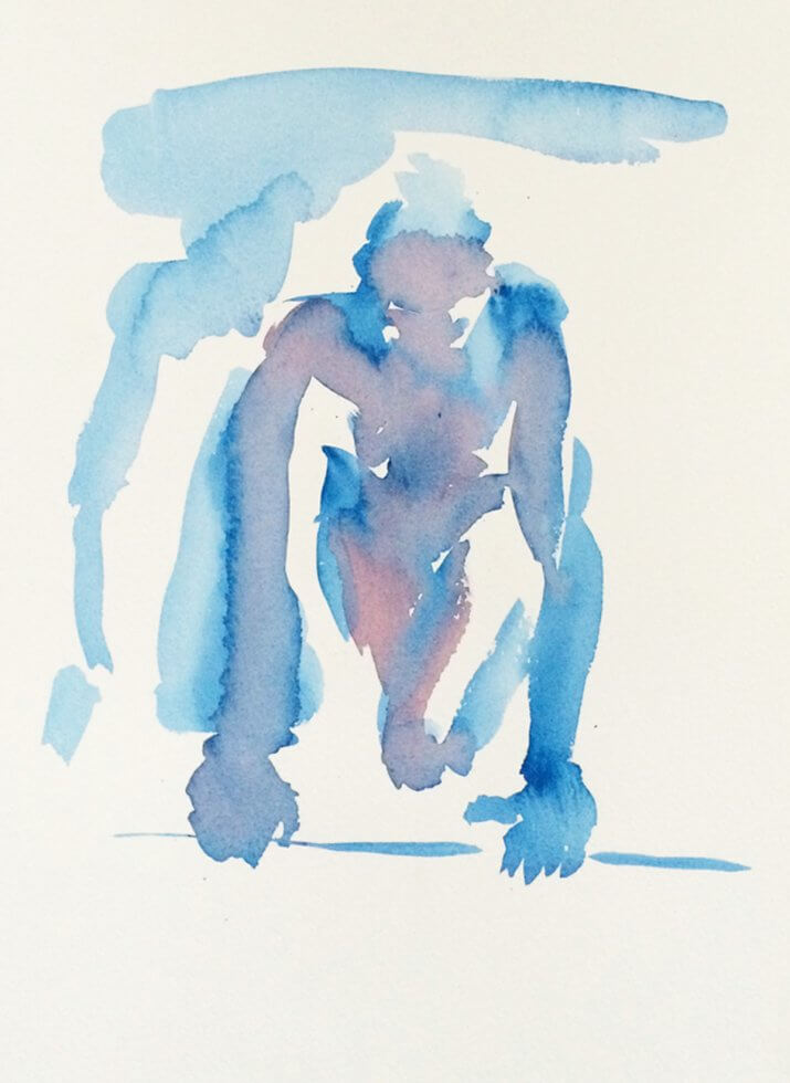 watercolour painting of a model as if at a start for a running race