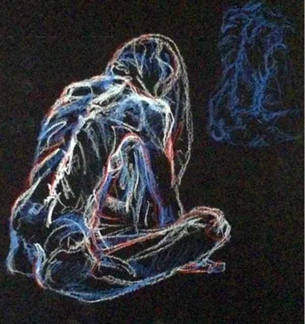 pastel line drawing in red white and blue of a seated nude female back to viewer
