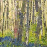 detail of an acrylic painting of a wood with bluebells