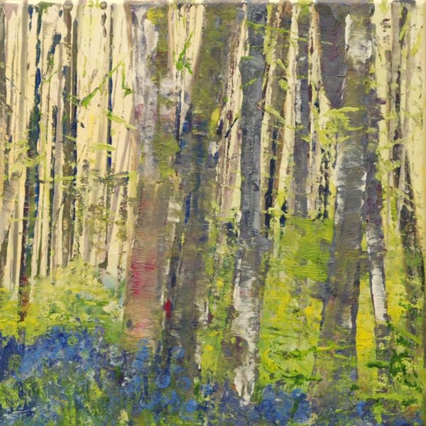 detail of an acrylic painting of a wood with bluebells