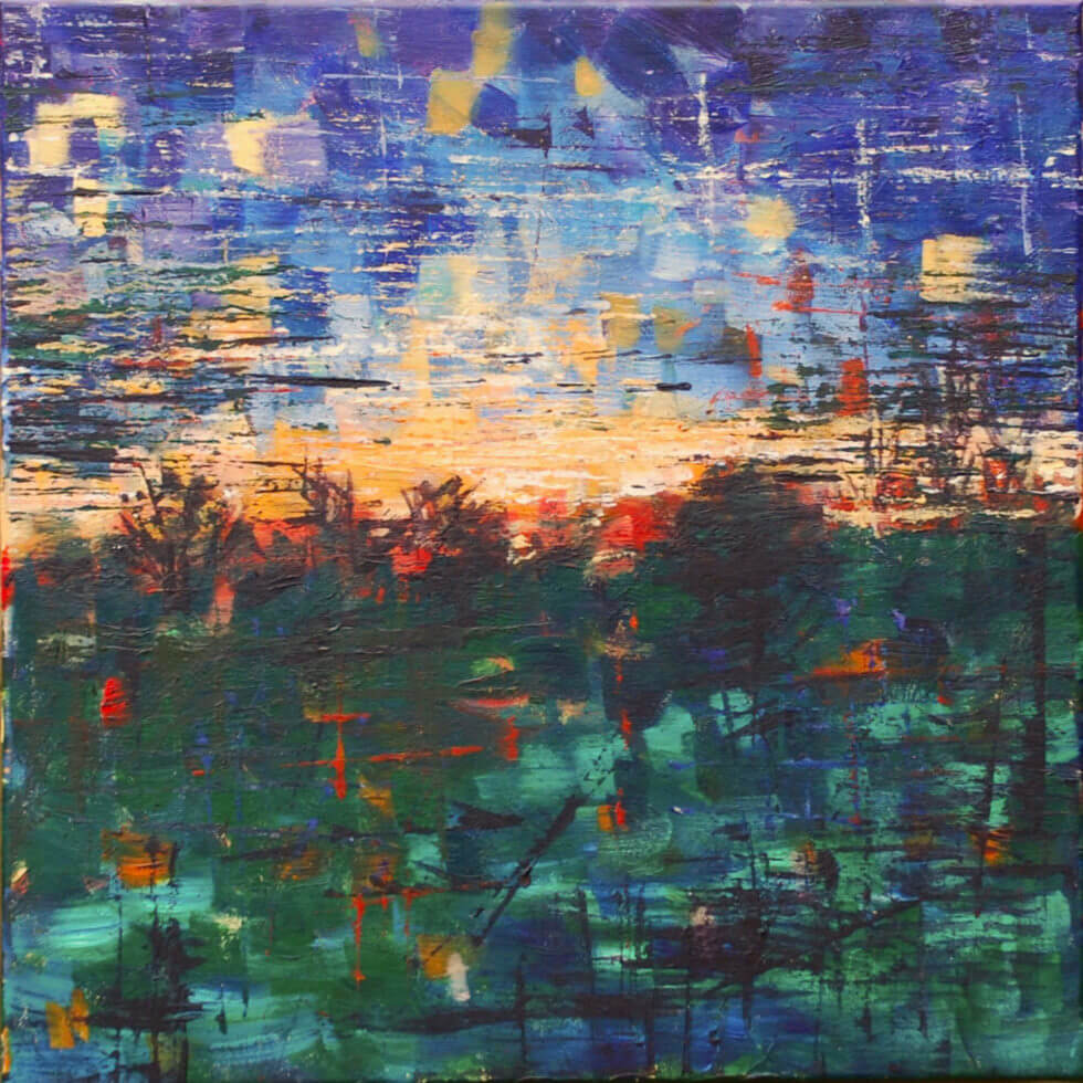 PAINTING - acrylic and resin of a view from a train window at night