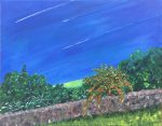 PAINTING acryli of summer sky, wall and apple tree