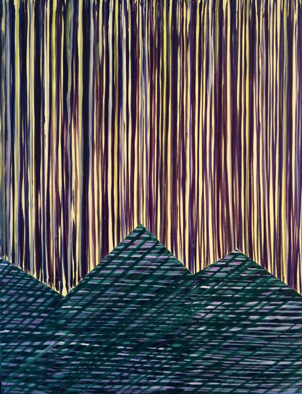 lines and pyramids of colour make up this acrylic painting of trees