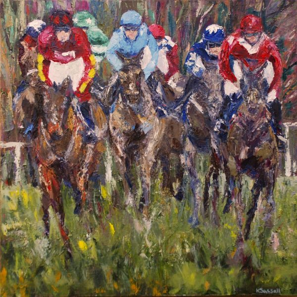 SOLD - oil painting of horse and rider racing Cheltenham New Years Day 2017 by Kathryn Sassall