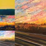 multi-image photo of painting crossed lines road and sunset