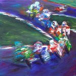 Sold acrylic painting of british superbikes weaving through the corners at clearway curves brands hatch