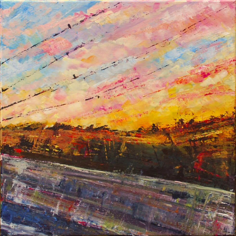 acrylic and heavily varnished painting to show view from a car window at sunset