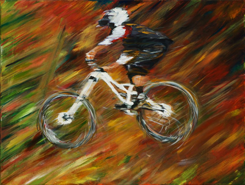 Painting - acrylic of a mountain bike rider in flight across a jump