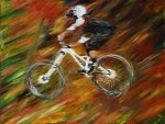 acrylic painting of a mountain bike rider in flight across a jump