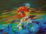 photo of acrylic painting of a cyclist in red lycra with blue hat with bike side on and blurred background