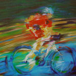 photo of acrylic painting of a cyclist in red lycra with blue hat with bike side on and blurred background