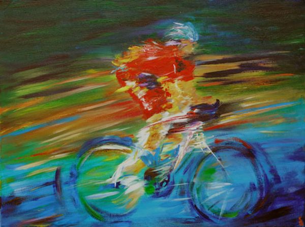 photo of acrylic painting of a cyclist in red lycra with blue hat with bike side on and blurred background