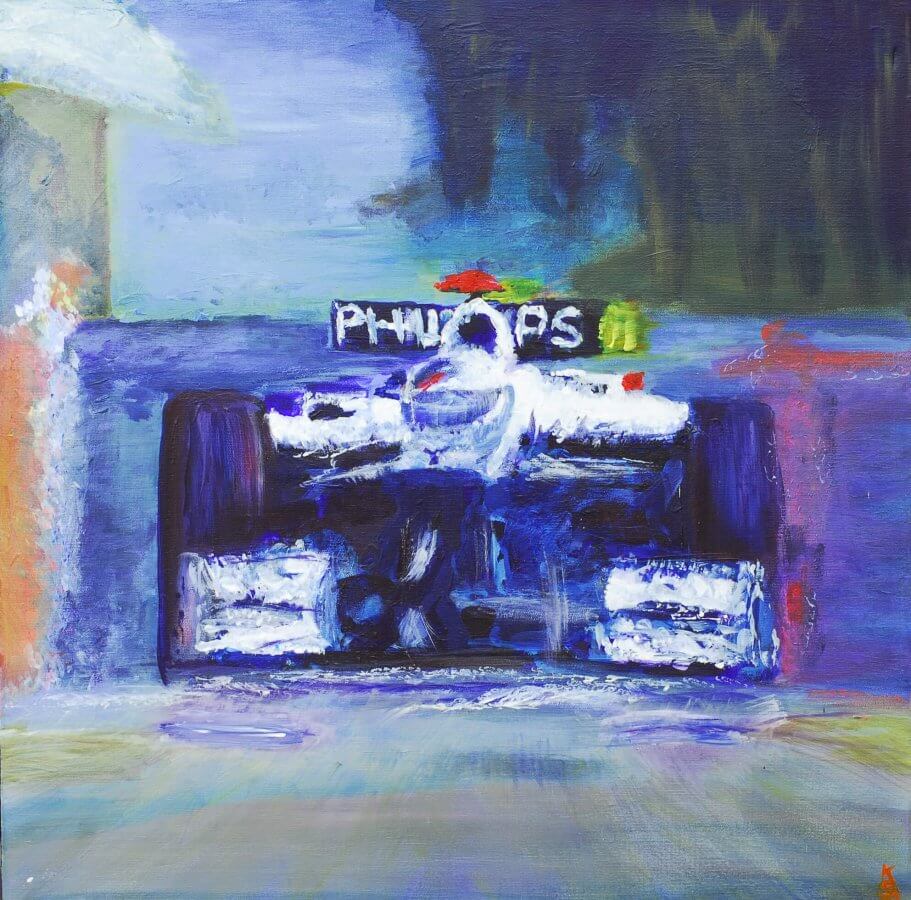 acrylic painting of barrichello in williams car over hill