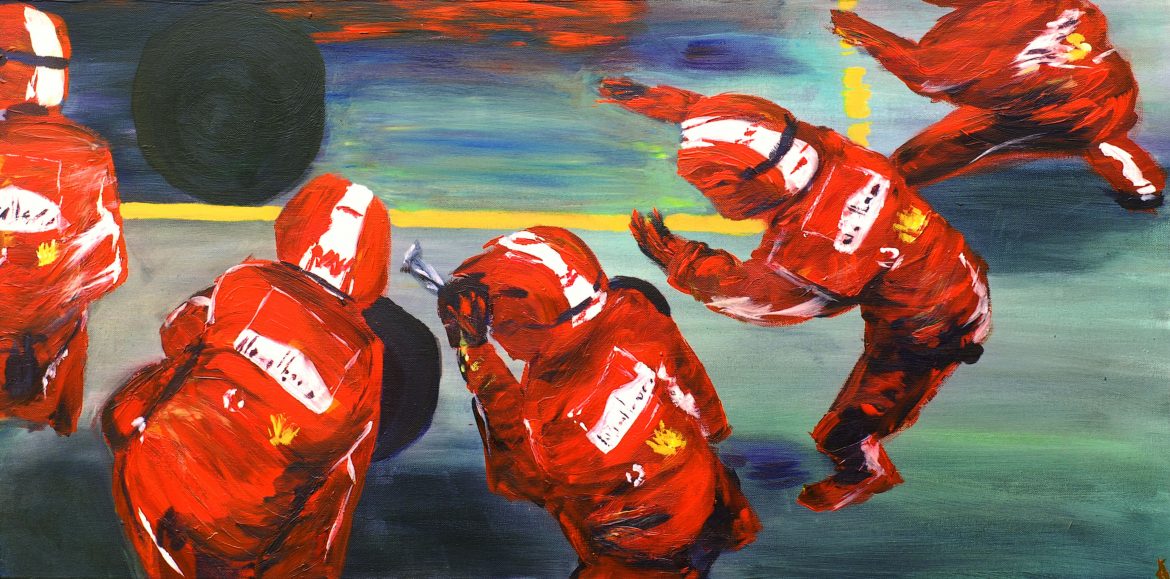 painting capturing ferrari pit crew at a tyre change