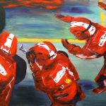 painting capturing ferrari pit crew at a tyre change