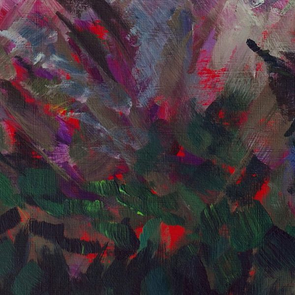 heather and tree detail of an abstract impressionist painting of the Highlands by Kathryn Sassall