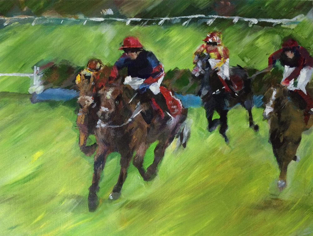 PAINTING acrylic of horse and rider racing after last fence at Hereford racecourse