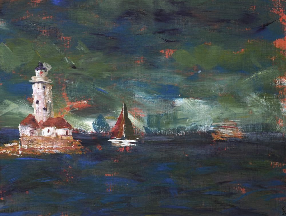 PAINTING - acrylic of stormy lake michigan chicago with sail boat and lighthouse