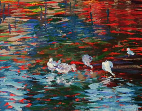 bright acrylic painting of geese on a river at sunset