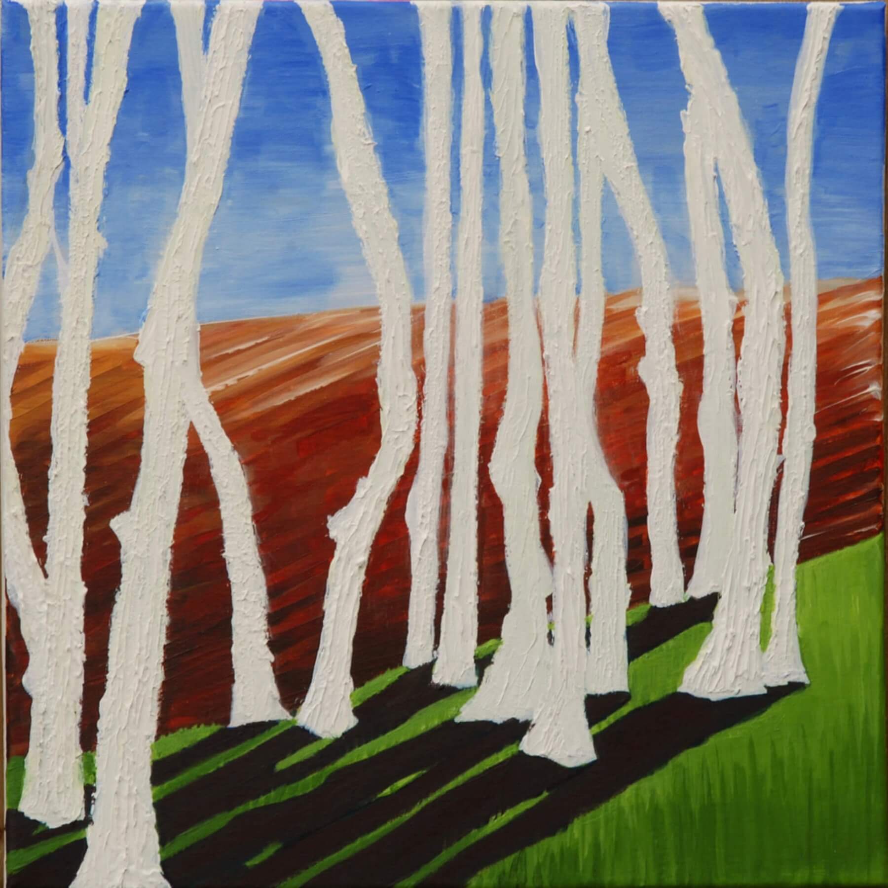 acrylic painting of trees fossilised in the fields