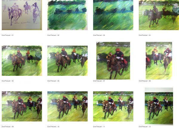 series of photos of work in progress tages of Over The Last horse and rider painting