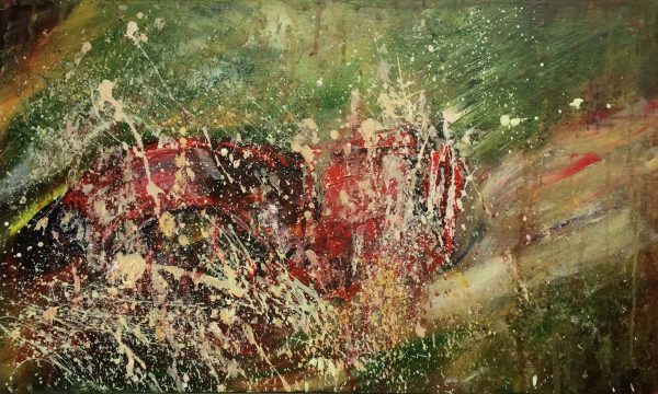 an acrylic painting of a red porsche rally car being covered in sandy muddy water as it goes through a sheep dip