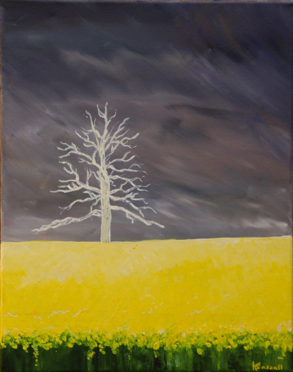 PAINTING - SOLD - acrylic of a stormy sky, lightening struck tree and rapeseed field