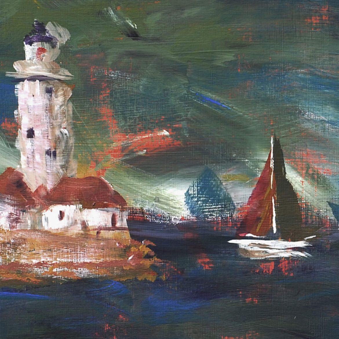 detail of a white lighthouse and red sailed boat as a storm approaches chicago in a painting by kathryn sassall