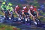 Prints of three cyclists look behind at two competitors acrylic painting tour de yorkshire