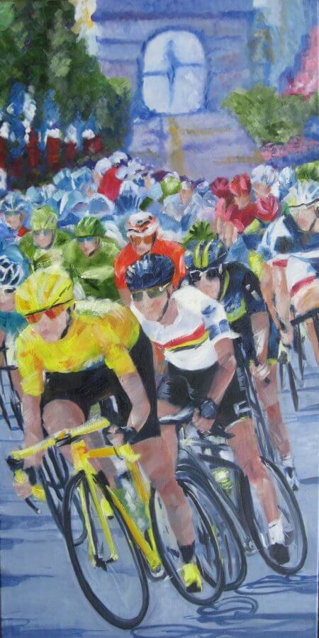 Painting commission of cyclists in tour de france in front of arc de triomplhe painted in oil on canvas