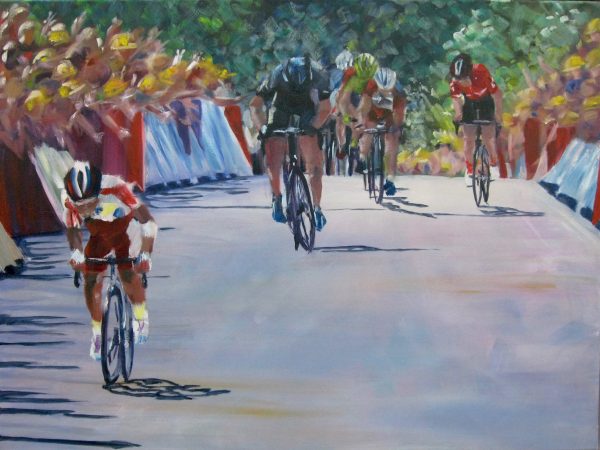 Painting of teklehaimanot cycling in tour de france as an acyrlic painting