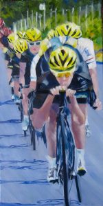 team sky riding downhill oil painting