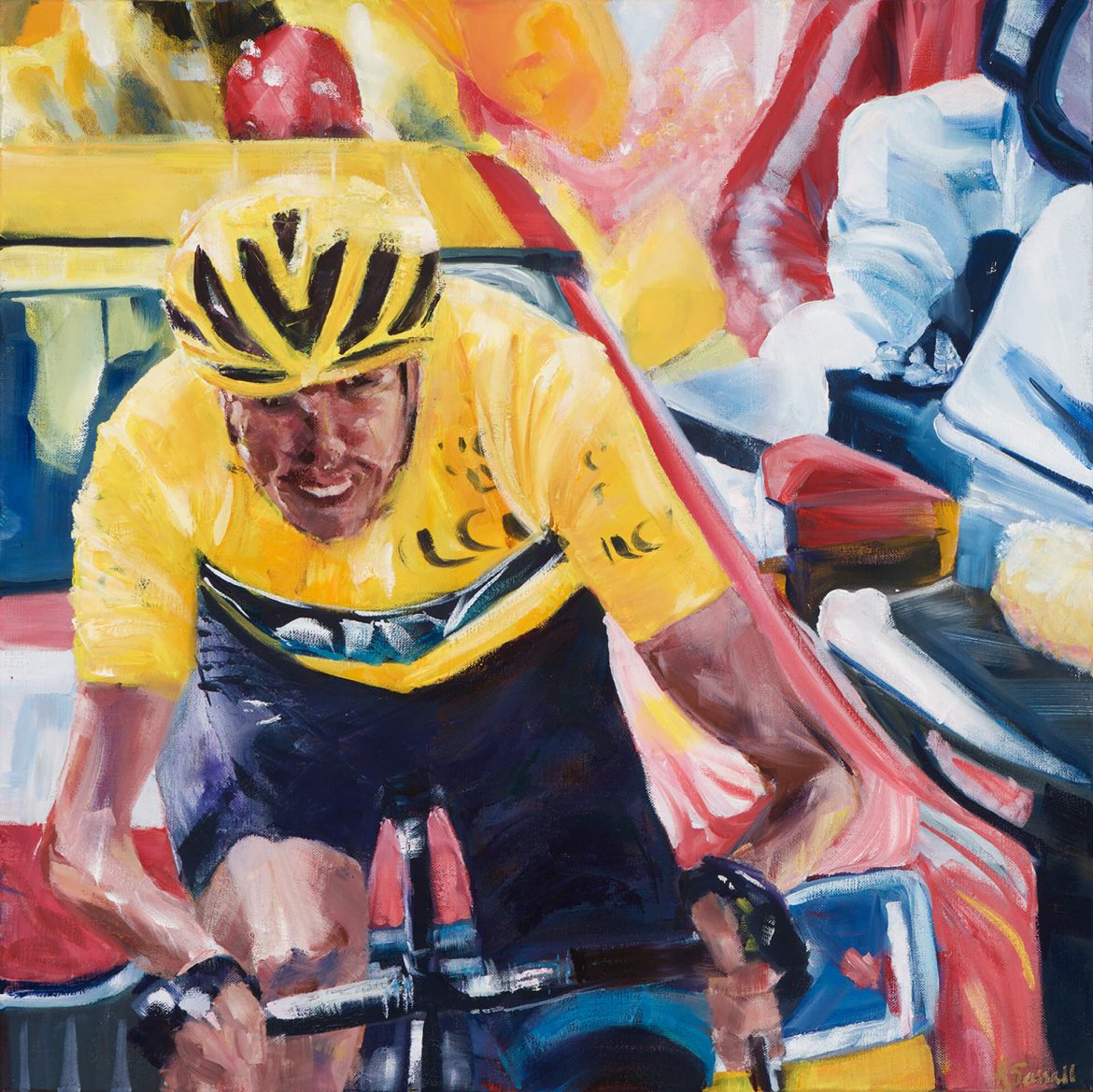 Chris froome cycling in front of course car captured in oil in a painting