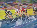 Kittel, cavendish and greipel cycling past crowd captured in oil painting