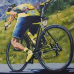 Tinkoff cyclist captured going downhill in oil painting