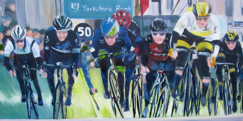 PAINTING AVAILABLE cyclists on brow of hill iin front of Yorkshire Bank sign in Settle at Tour De Yorkshire