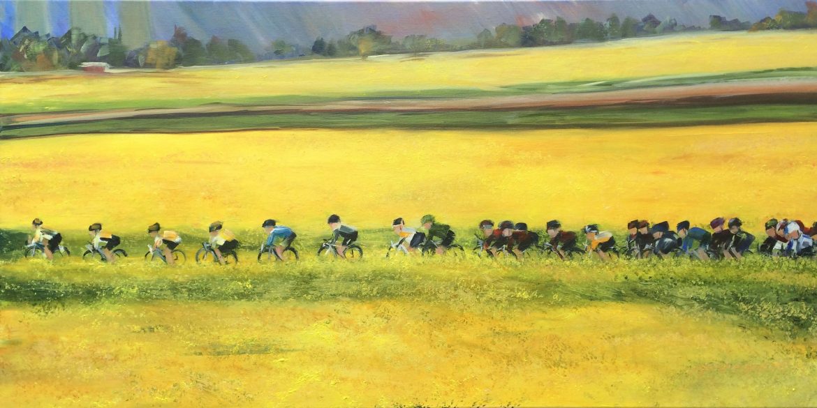 Print of cyclists in a rapeseed field Yorkshire oil painting