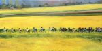 Print of cyclists in a rapeseed field Yorkshire oil painting